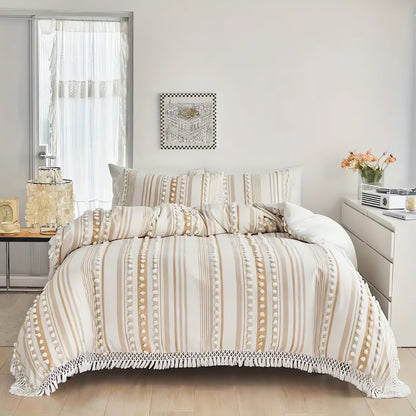 Duvet Cover Set Microfiber Tufted Stripe & Tassels