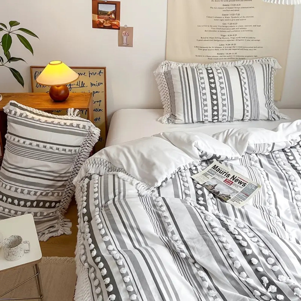 Duvet Cover Set Microfiber Tufted Stripe & Tassels