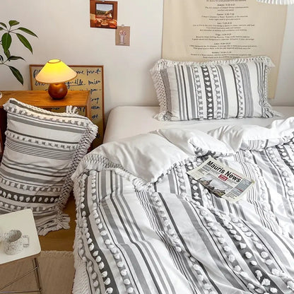 Duvet Cover Set Microfiber Tufted Stripe & Tassels