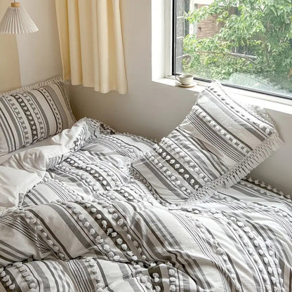 Duvet Cover Set Microfiber Tufted Stripe & Tassels