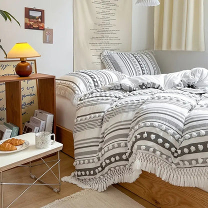 Duvet Cover Set Microfiber Tufted Stripe & Tassels