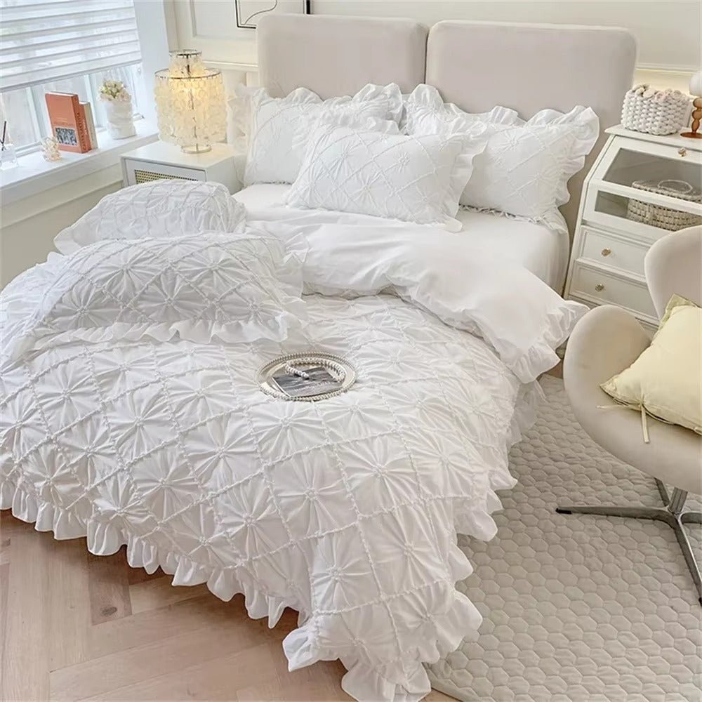 Duvet Cover Set Pinch Pleat Ruffle Cotton Blend