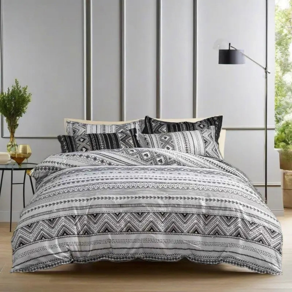 Duvet Cover Set Reversible Monochrome Geometric Microfiber