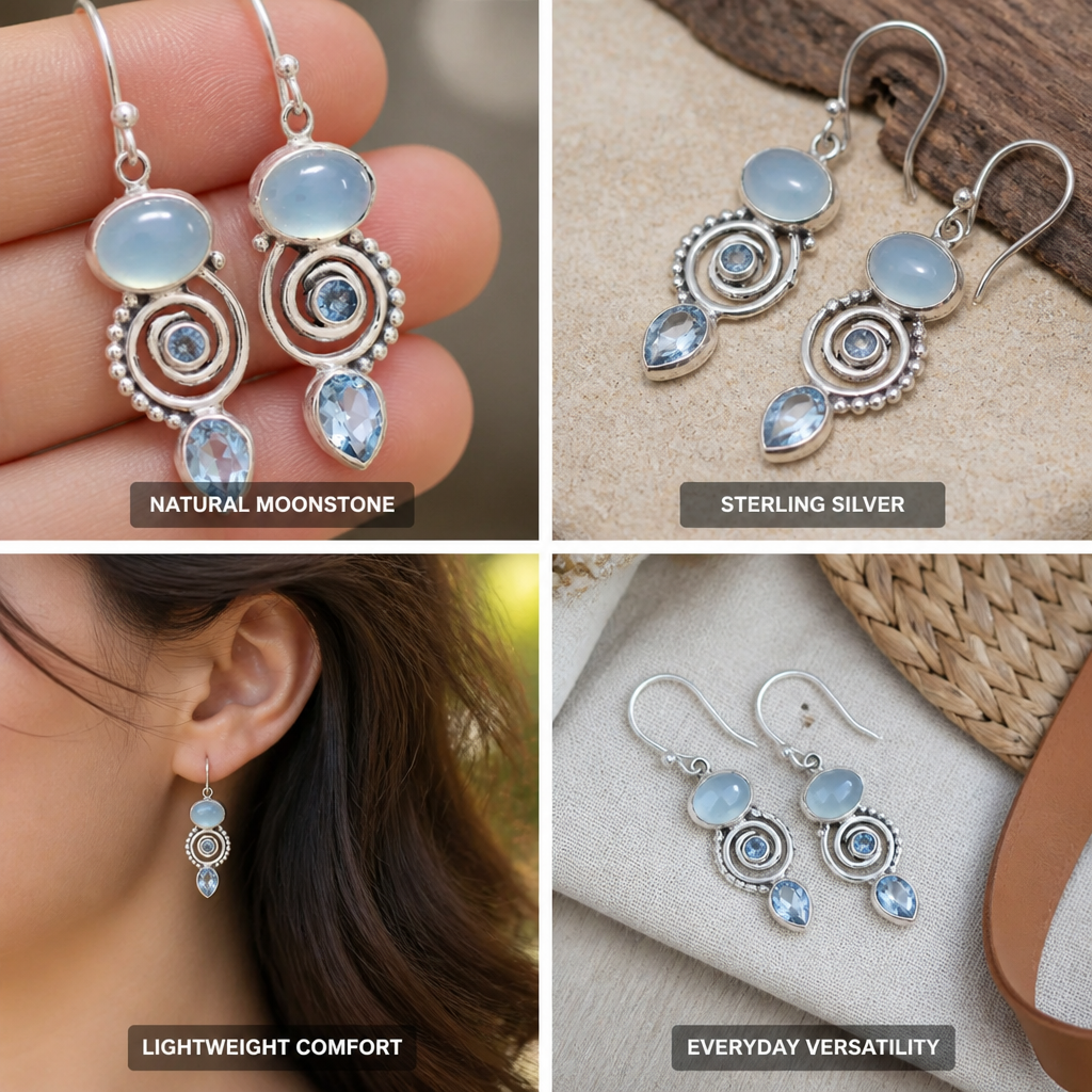 Earrings Moonstone Drop Sterling Silver Lightweight
