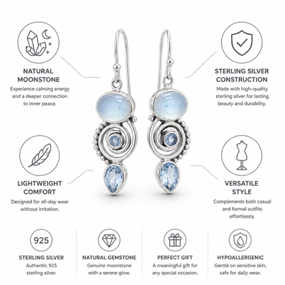 Earrings Moonstone Drop Sterling Silver Lightweight
