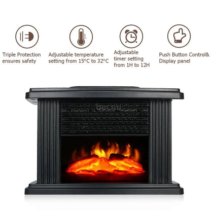 Electric Fireplace Heater Compact Flame Effect Timer