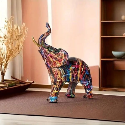Elephant Figurine Graffiti-Style Colorful Resin
