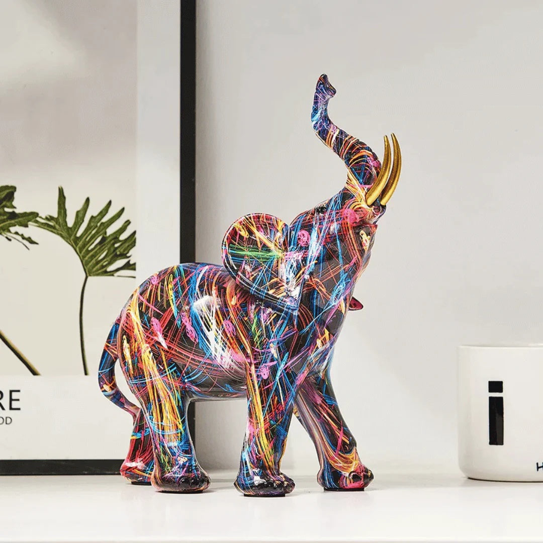 Elephant Figurine Graffiti-Style Colorful Resin