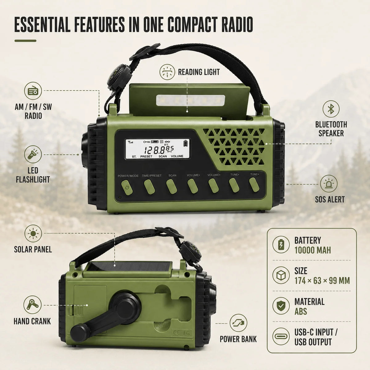 Emergency Radio Hand Crank & Solar 10,000mAh Power Bank