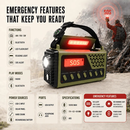 Emergency Radio Hand Crank & Solar 10,000mAh Power Bank