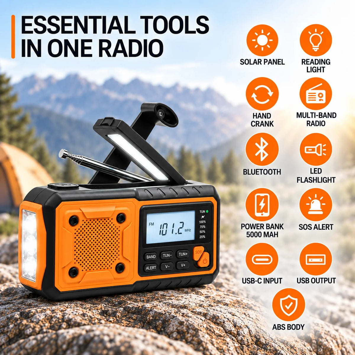 Emergency Radio Hand Crank & Solar Charging Built-In Flashlight