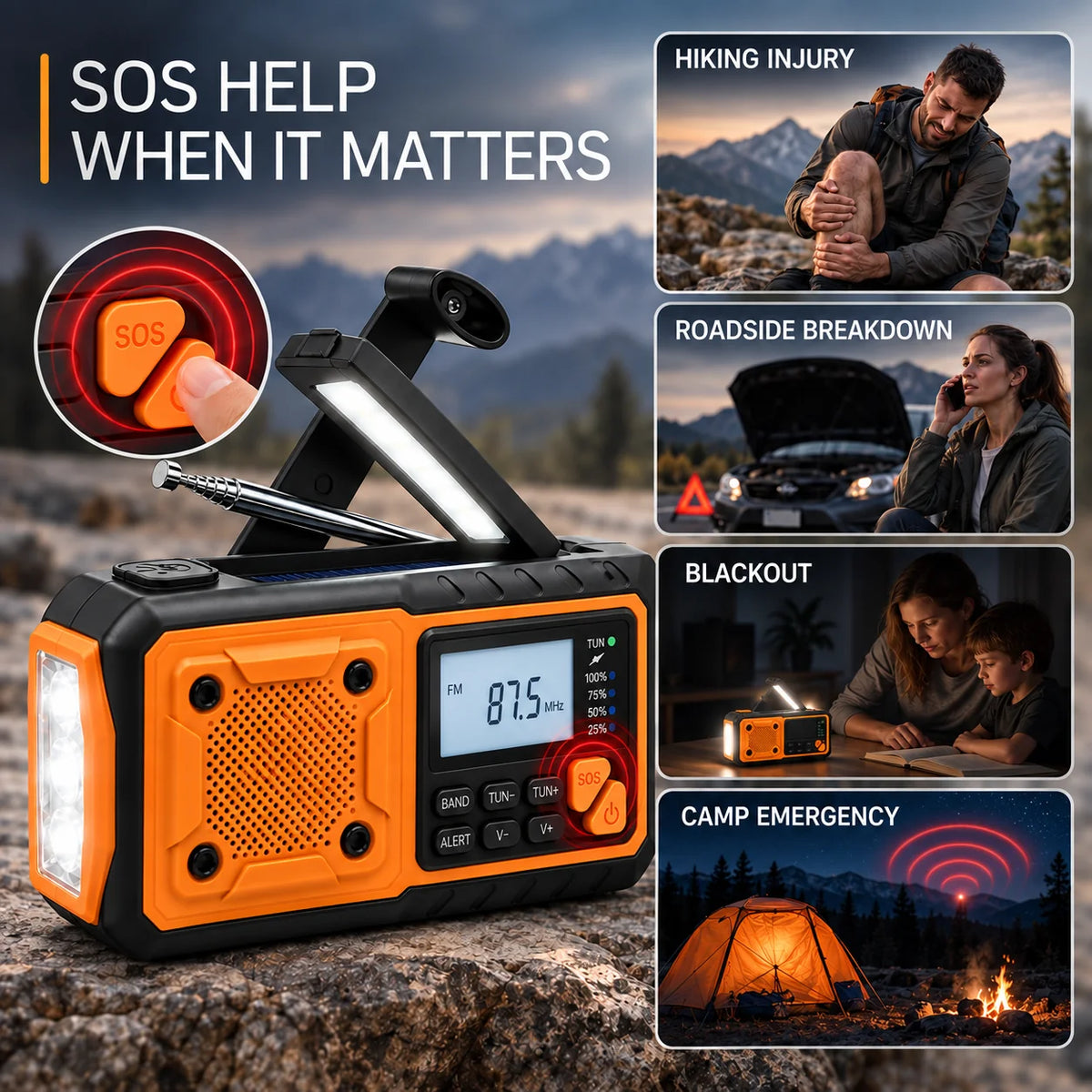 Emergency Radio Hand Crank & Solar Charging Built-In Flashlight