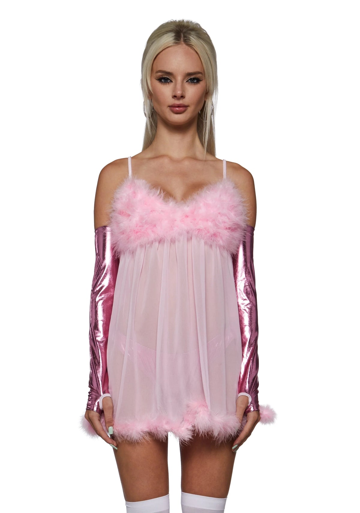 Fembot Costume Set Sheer Feather Trim 3-Piece