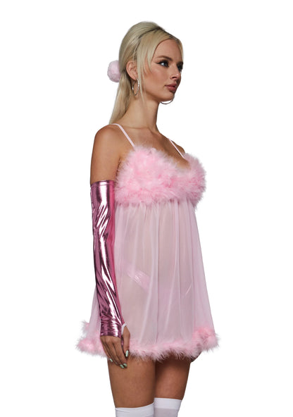 Fembot Costume Set Sheer Feather Trim 3-Piece