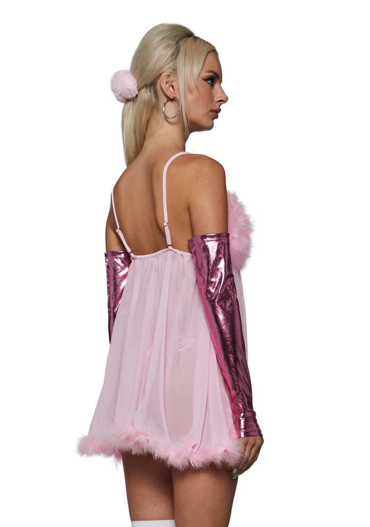 Fembot Costume Set Sheer Feather Trim 3-Piece