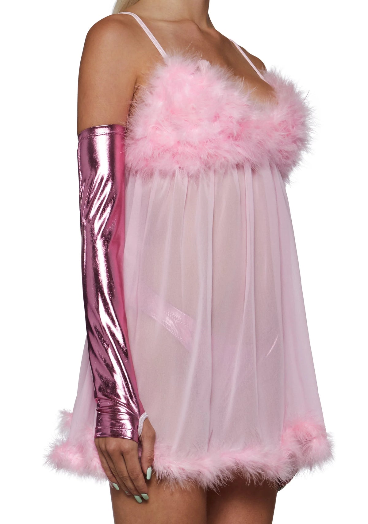 Fembot Costume Set Sheer Feather Trim 3-Piece