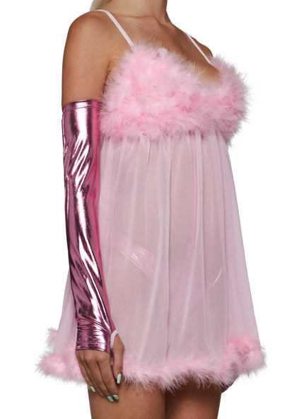 Fembot Costume Set Sheer Feather Trim 3-Piece