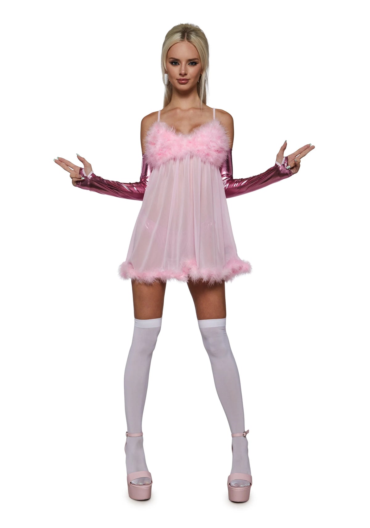 Fembot Costume Set Sheer Feather Trim 3-Piece