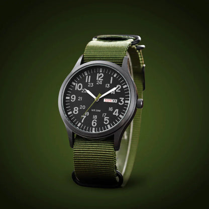 Field Watch Woven Fabric Strap Day-Date Display 24-Hour Dial