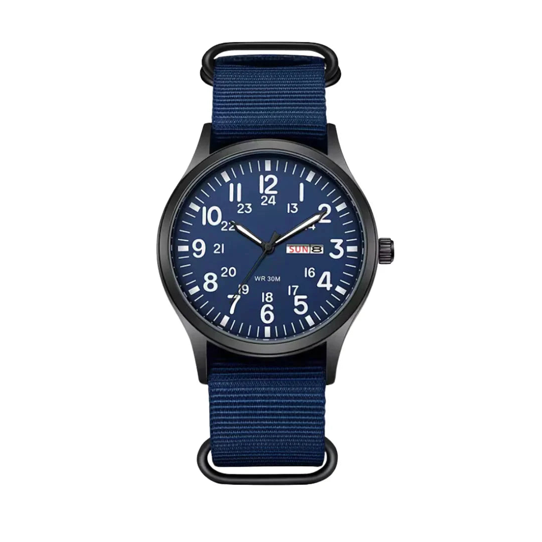 Field Watch Woven Fabric Strap Day-Date Display 24-Hour Dial