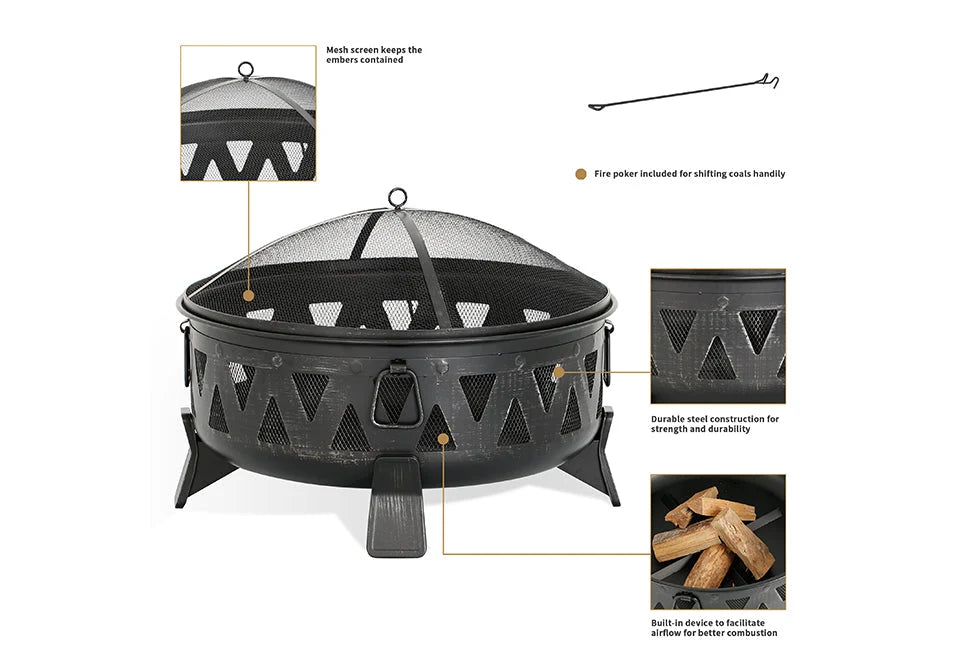 Fire Pit Steel Wood-Burning 30-Inch With Spark Screen & Poker