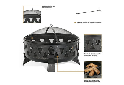 Fire Pit Steel Wood-Burning 30-Inch With Spark Screen & Poker