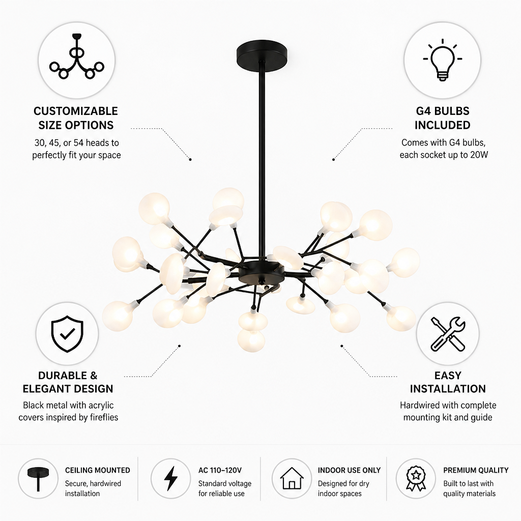 Firefly-Inspired Black Metal & Acrylic Ceiling Chandelier (G4 Bulbs Included)
