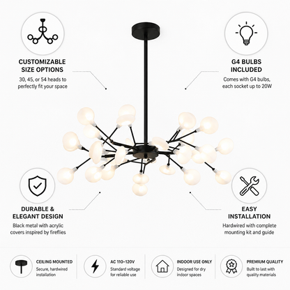 Firefly-Inspired Black Metal & Acrylic Ceiling Chandelier (G4 Bulbs Included)