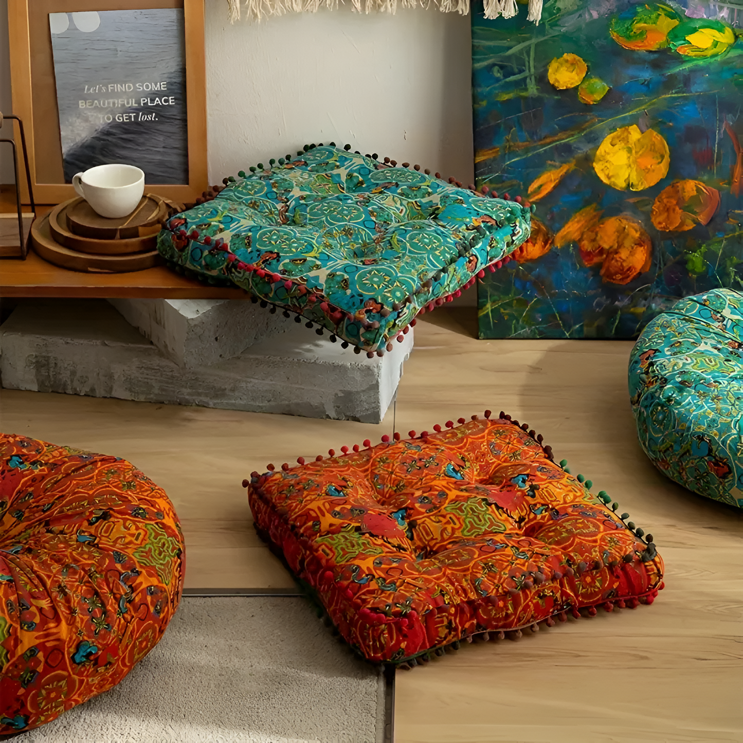 Floor Cushion Bohemian Embroidered Thick Cushioning & Durable Fabric