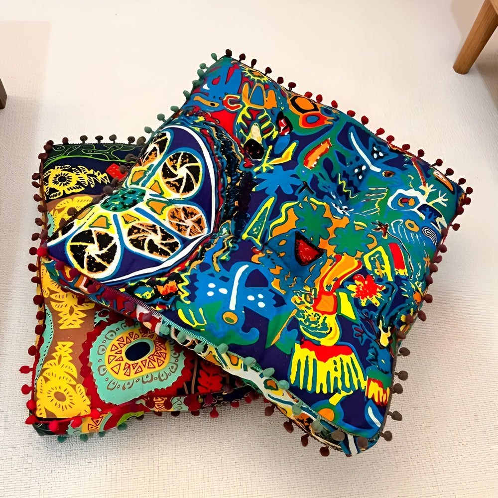 Floor Cushion Twill Knit Microfiber Fill Pom-Pom Edges