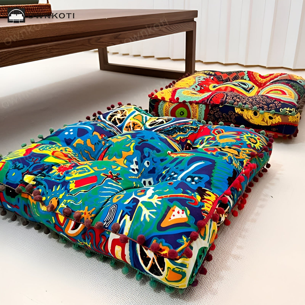 Floor Cushion Twill Knit Microfiber Fill Pom-Pom Edges