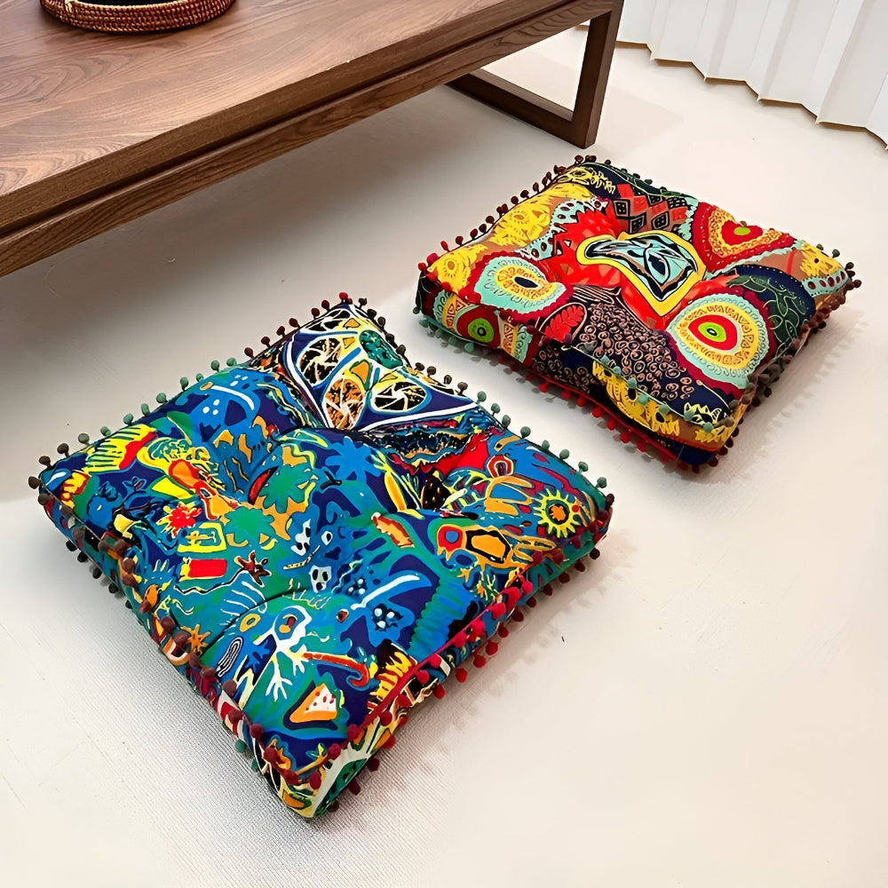 Floor Cushion Twill Knit Microfiber Fill Pom-Pom Edges