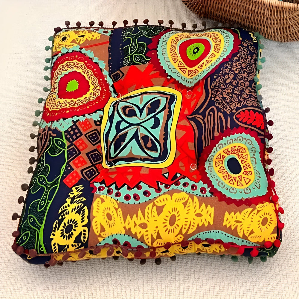 Floor Cushion Twill Knit Microfiber Fill Pom-Pom Edges