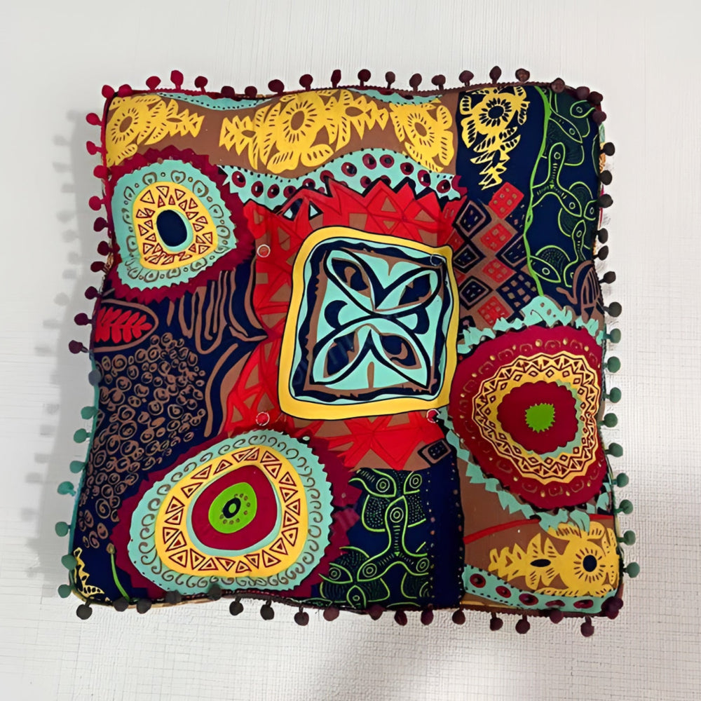 Floor Cushion Twill Knit Microfiber Fill Pom-Pom Edges