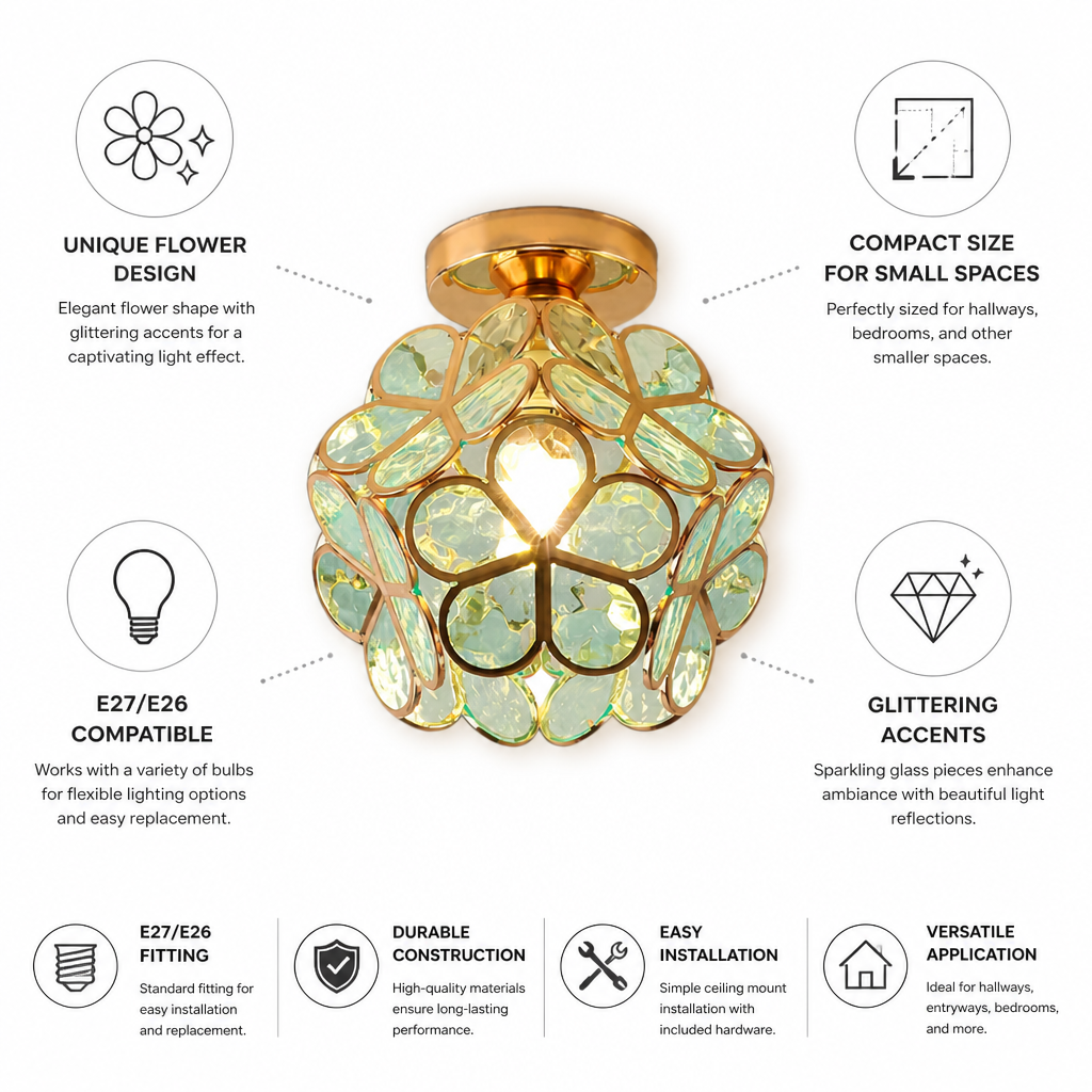Flower-Shaped Glitter-Accented Flush Ceiling Light (E27/E26 Compatible)