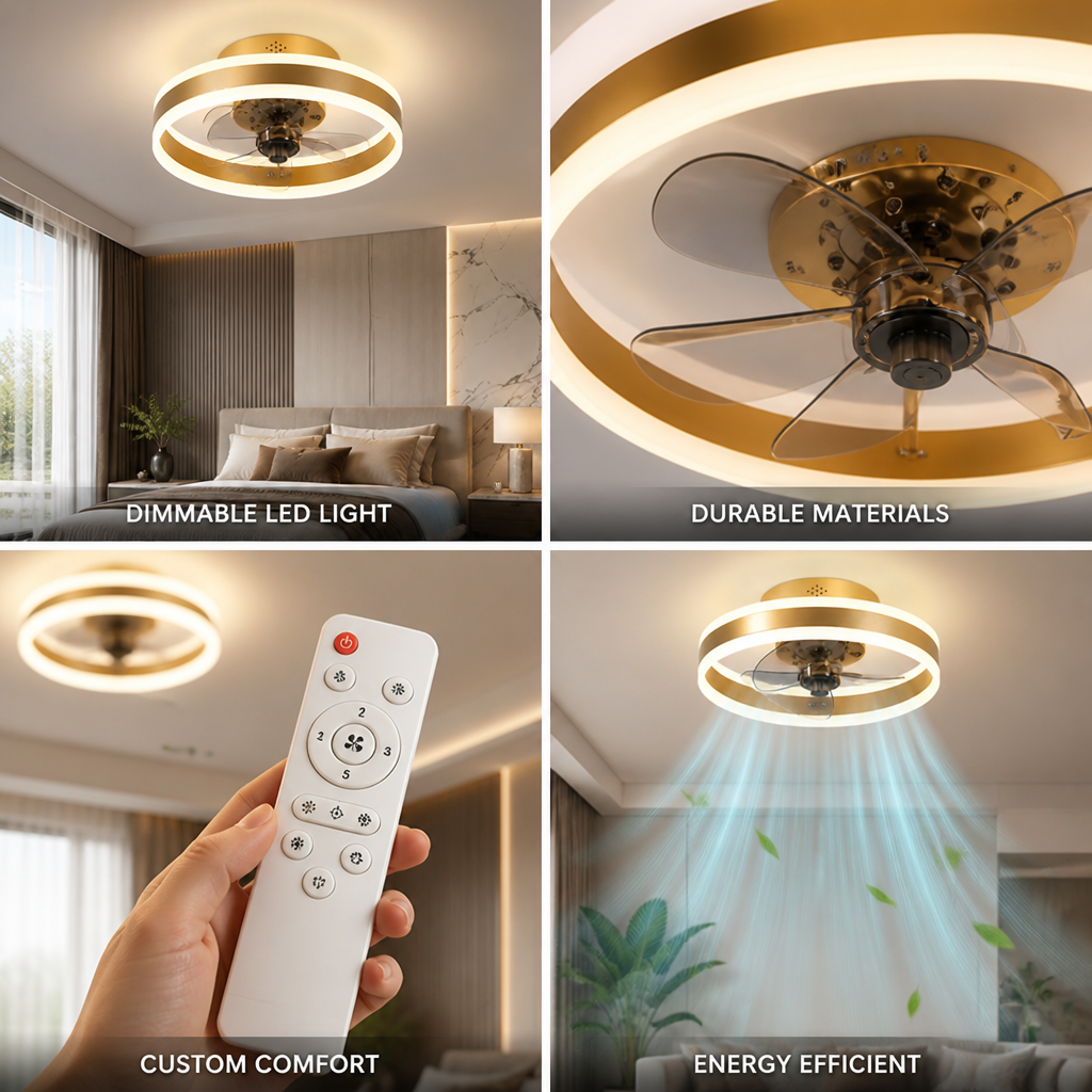 Flush Mount Ceiling Fan Dimmable LED Energy-Efficient