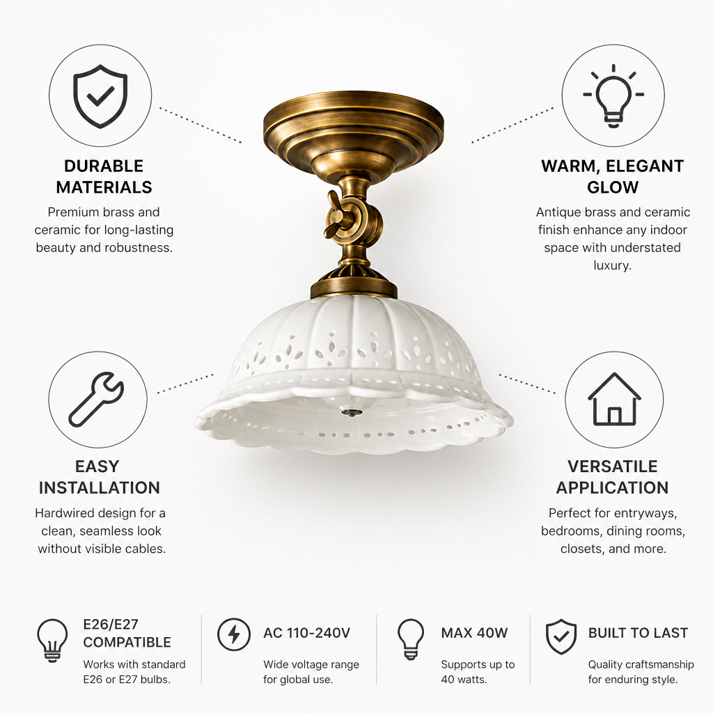 Flush Mount Ceiling Light Antique Brass & Ceramic E26