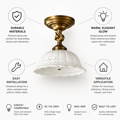 Flush Mount Ceiling Light Antique Brass & Ceramic E26