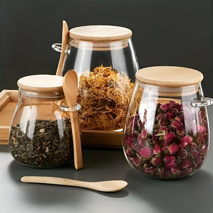 Food Storage Jar Airtight Glass Bamboo Lid & Spoon