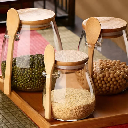 Food Storage Jar Airtight Glass Bamboo Lid & Spoon