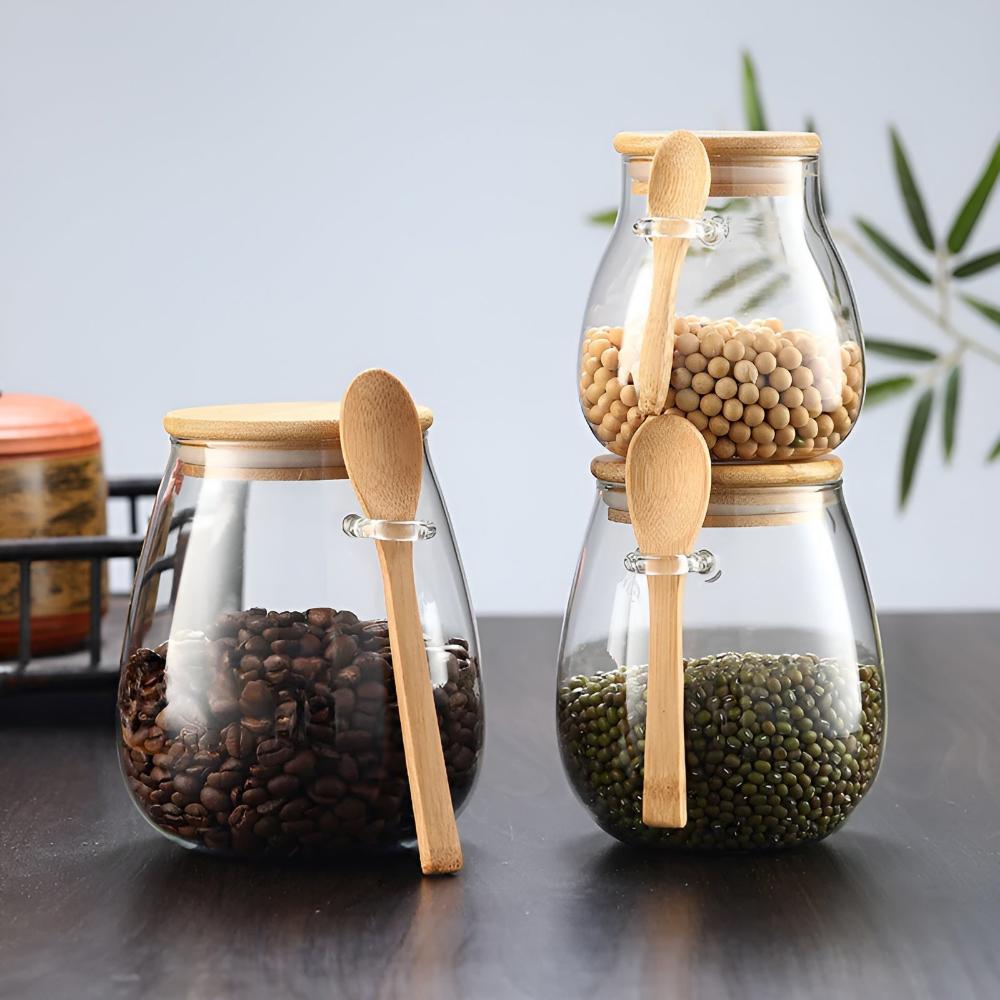 Food Storage Jar Airtight Glass Bamboo Lid & Spoon