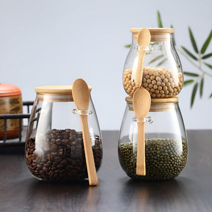 Food Storage Jar Airtight Glass Bamboo Lid & Spoon