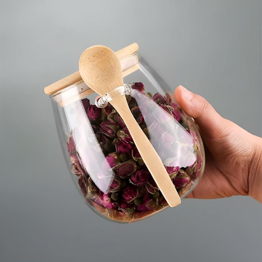 Food Storage Jar Airtight Glass Bamboo Lid & Spoon