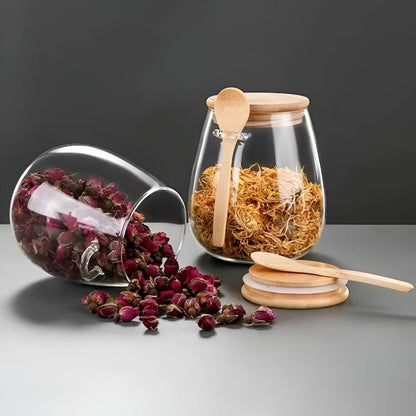 Food Storage Jar Airtight Glass Bamboo Lid & Spoon