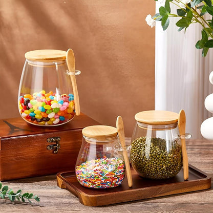Food Storage Jar Airtight Glass Bamboo Lid & Spoon