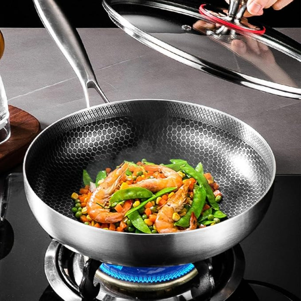 Frying Pan Three-Layer Stainless Steel Induction Compatible Cool-Touch Handle