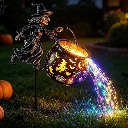 Garden Witch Figure LED-Lit Cauldron Weather-Resistant Freestanding