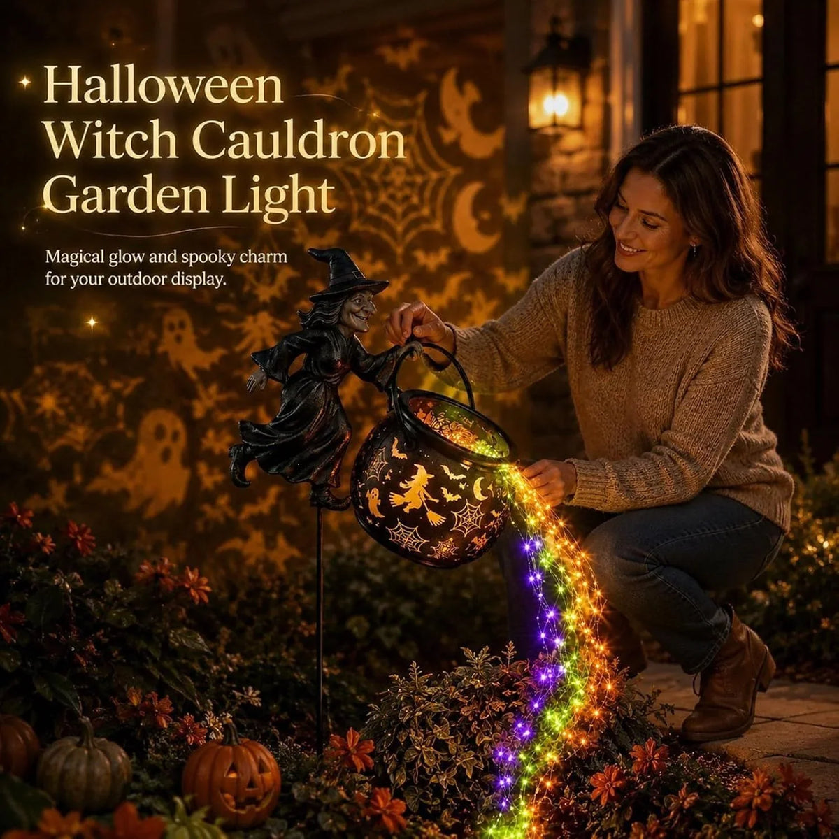 Garden Witch Figure LED-Lit Cauldron Weather-Resistant Freestanding