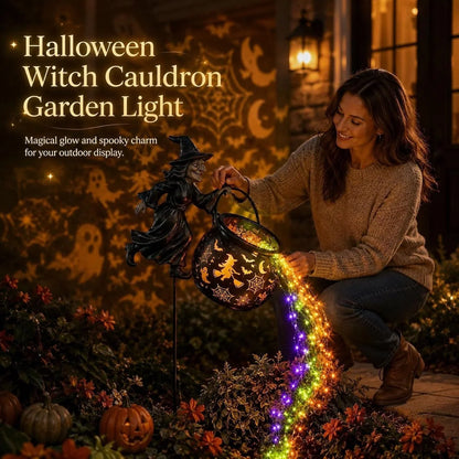 Garden Witch Figure LED-Lit Cauldron Weather-Resistant Freestanding