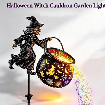 Garden Witch Figure LED-Lit Cauldron Weather-Resistant Freestanding
